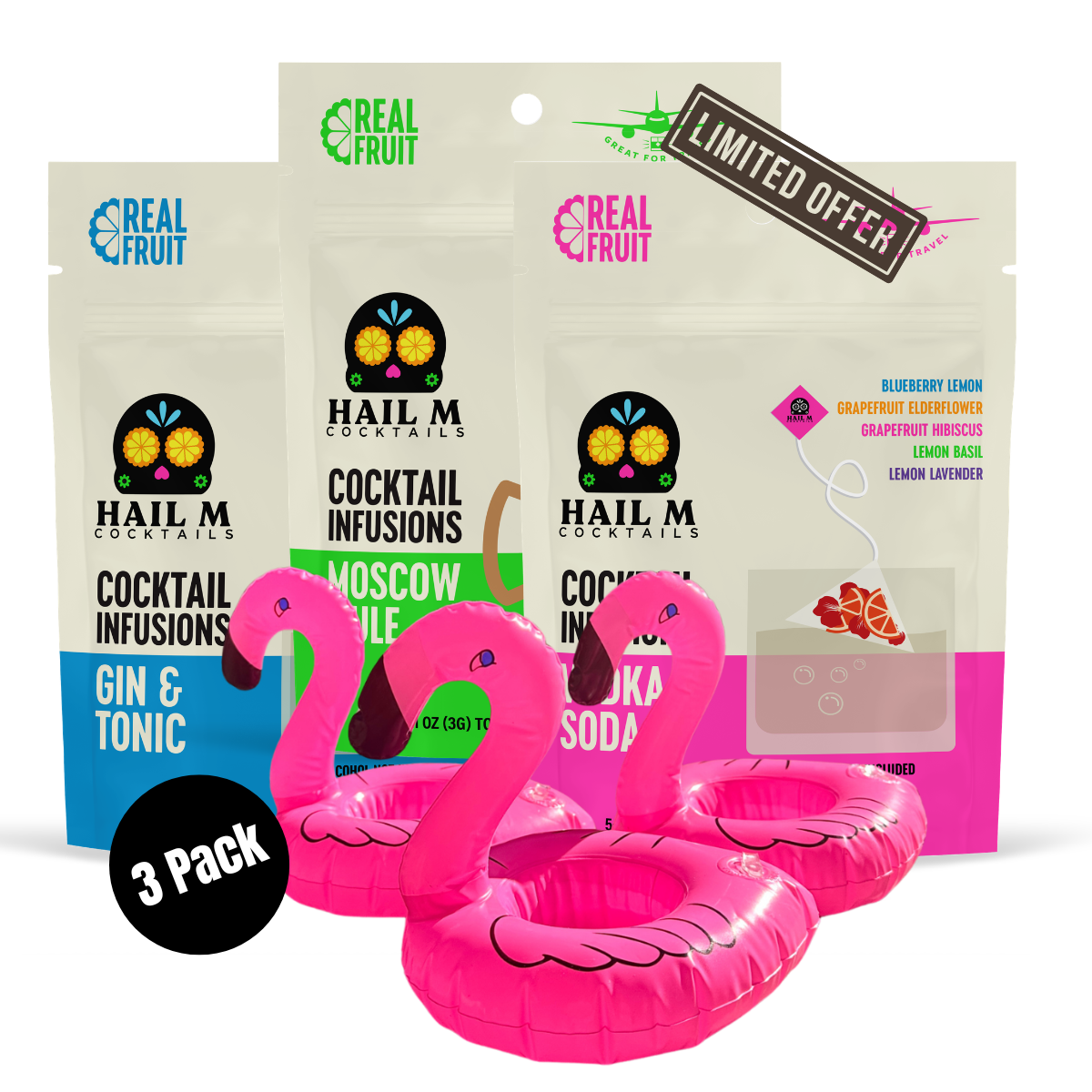 Gin & Tonic, Vodka Soda & Moscow Mule Cocktail Infusion Kit – 3-Pack Poolside Bundle + Flamingo Cup Holders