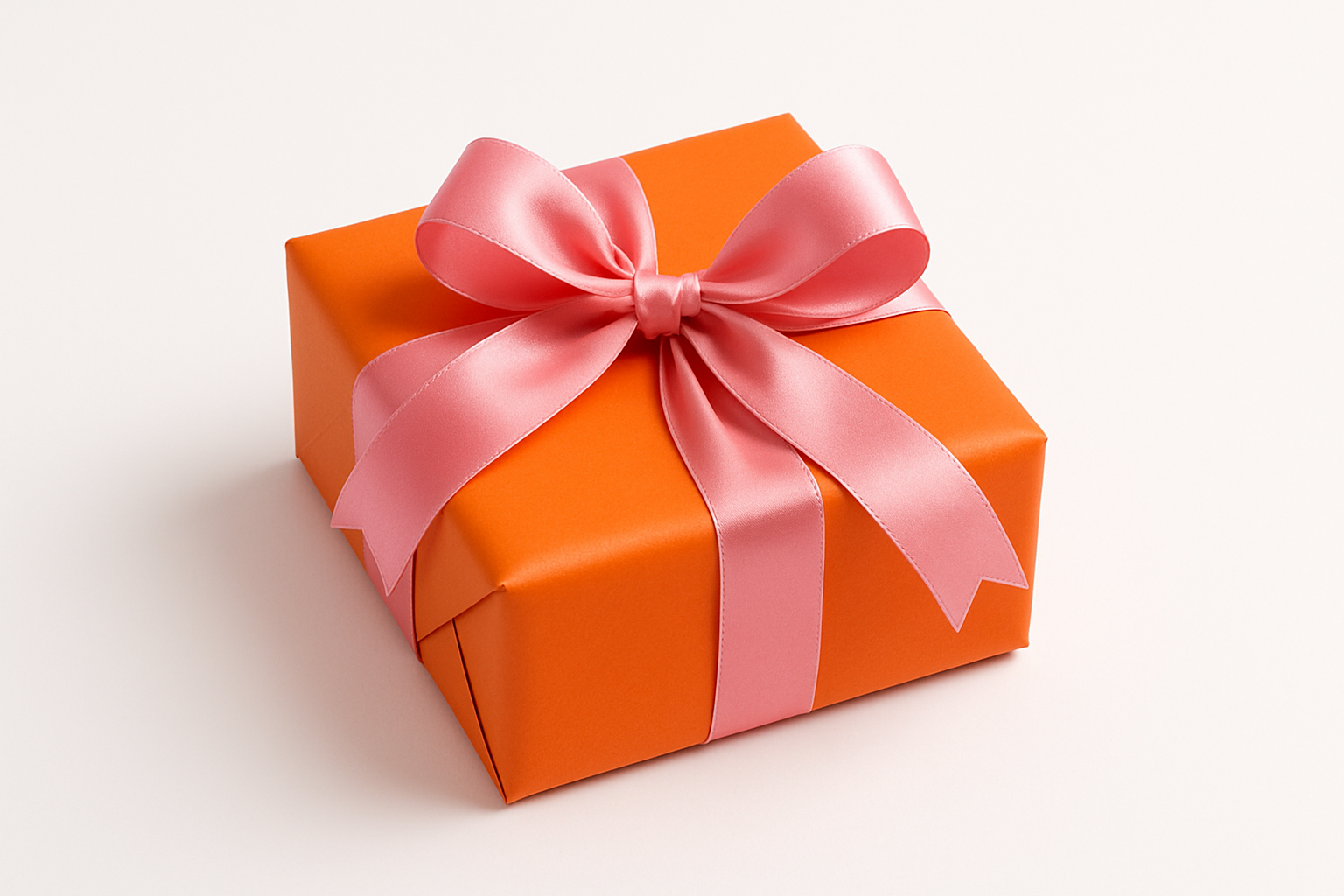 ORANGE PACKAGE ON A WHITE BACKGROUND WITH PINK BOW